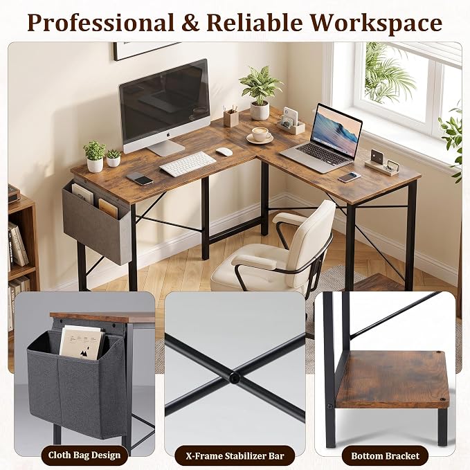 Alpen Corner Desk, 50 Inch L Shaped Gaming Desk with Storage Pocket and CPU Stand, Work Desk for Home Office, Small Corner Study Writing Table with Sturdy Metal Frame, Rustic Brown - Image 6