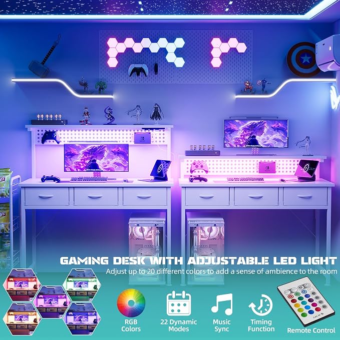 MUTUN Computer Desk with Drawers, 40 Inch Computer Desk with Power Outlet & LED Light, Gaming Desk with Adjustable Monitor Stand & Pegboard, Modern PC Study Writing Table for Bedroom, White - Image 6