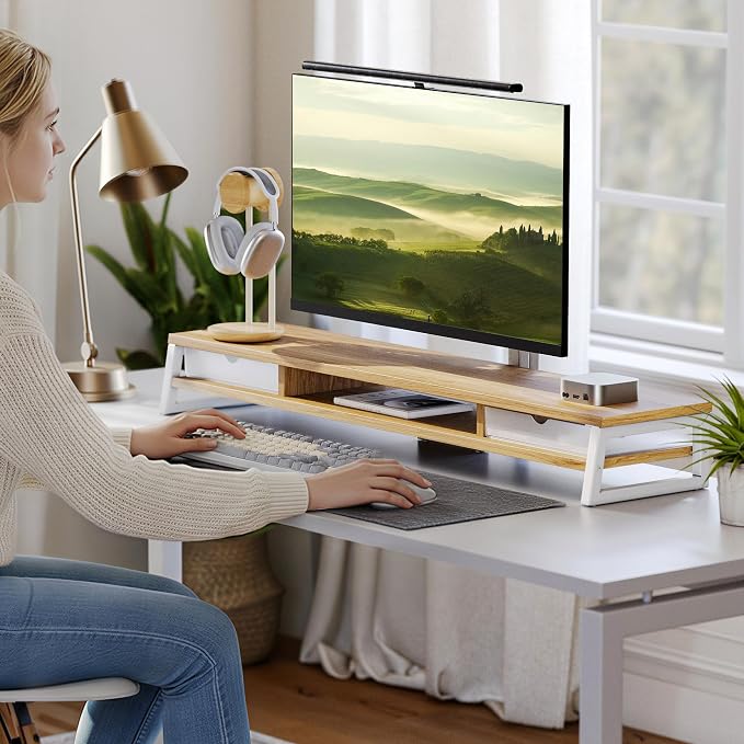 Fenge Dual Monitor Stand, Monitor Riser with Drawer, 42.5 Inch Large Computer Monitor Stand for 2 Monitors, 2 Tier Wooden Desk Shelf for Top of Desk - Image 7