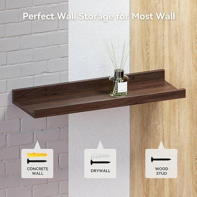 RICHER HOUSE 5-Set Floating Shelves with Lip, Walnut Wall Mounted Shelf | Display Picture Ledge Shelf, Anti-drop lip Shelf for Room Wall Decor, Bedroom Bathroom Storage Nursery Books, Easy Setup 16in - Image 4