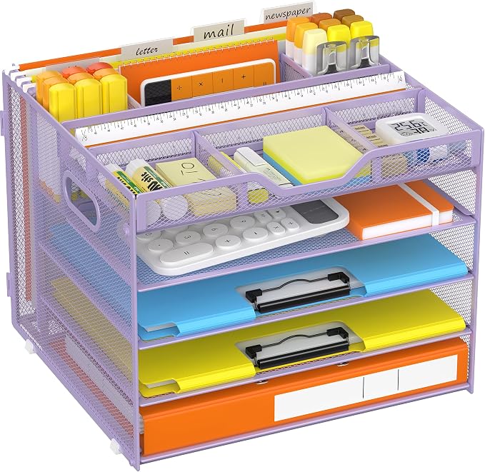Docnest 5 Tier Desk Organizer with Hanging File Folder Holder&Tray, Purple | Features 3 detachable pen holders and 4 removable dividers.Versatile mesh desktop storage for mail, document,office supplie by DocNest