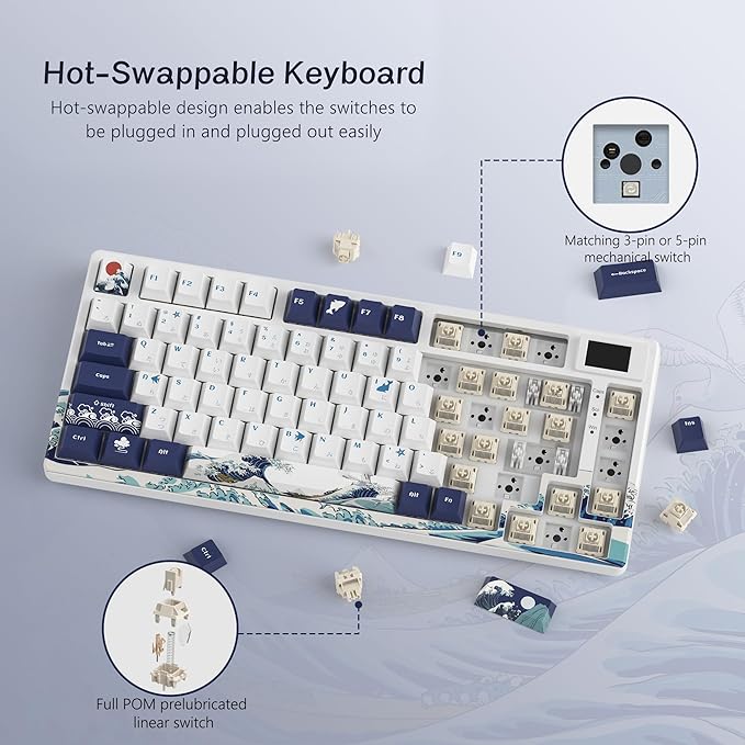 Womier SK80 75% Keyboard with Color Multimedia Display Gaming Keyboard | Creamy Sound Mechanical Wired Hot Swappable Gasket RGB Custom Key board, Pre-lubed Stabilizer for Mac/Win, White Kanagawa - Image 4