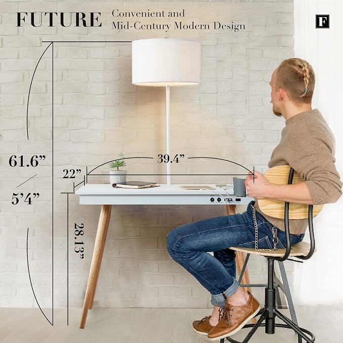 FENLO Future 39" Mid Century Modern Desk for Home Office, Office Desk with USB Charging Station, Wireless Charging, USB, USB-C Ports, White - Image 2
