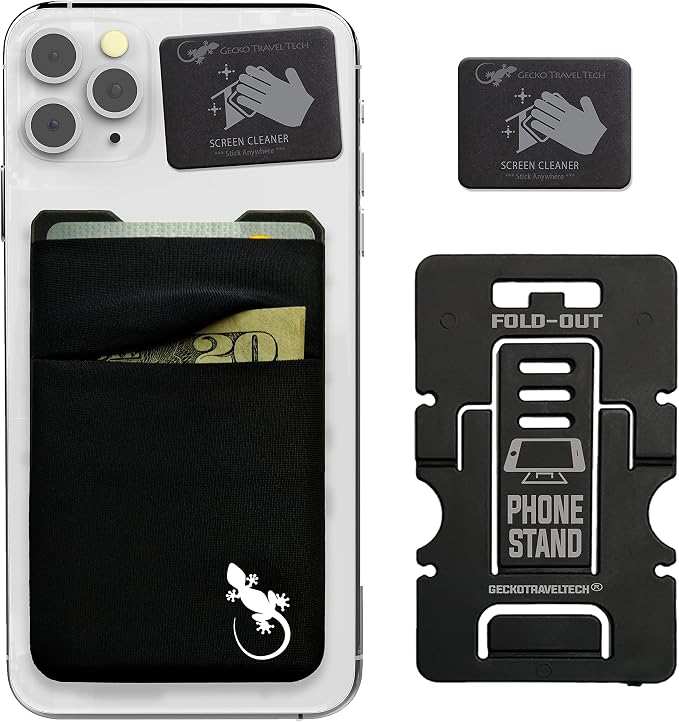 Double Pocket Gecko Phone Wallet - Smartphone Adhesive Card Holder - Cell Phone Pouch - Mobile Stick on Spandex Pocket by Gecko - Carry Credit Cards and Cash – (BLACK-WHITE) by GeckoTravelTech