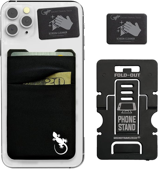 Double Pocket Gecko Phone Wallet - Smartphone Adhesive Card Holder - Cell Phone Pouch - Mobile Stick on Spandex Pocket by Gecko - Carry Credit Cards and Cash – (BLACK-WHITE) by GeckoTravelTech