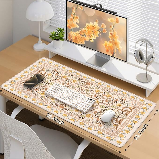 iCasso Desk Matt for Desktop, Cute Desk Pad Mat,35.4x15.7in,Yellow Floral | XXL Large Mouse Pad, Anti-Slip Big Mousepad with Stitched Edges, Keyboard Pad Mouse Mat for Computer - Image 2