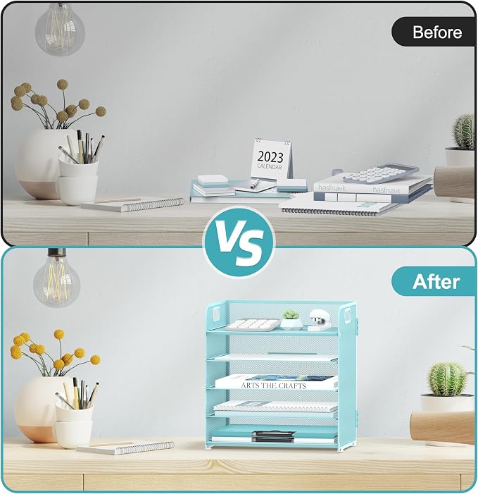 Supeasy 5 Trays Paper Organizer Letter Tray with Handle-Mesh Desk File Organizer, Paper Sorter Desk Organizer for Office, Home or School (Light Blue) - Image 6