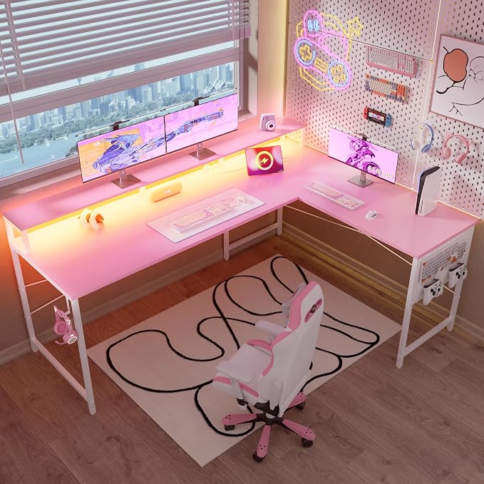 Pamray 64 Inch L Shaped Gaming Desk with Monitor Stand and Power Outlets | Large Corner Computer Desk With Pegboard & Led Lights USB Charging Ports for Home Office Study and Writing Bedroom and Dorms by PAMRAY