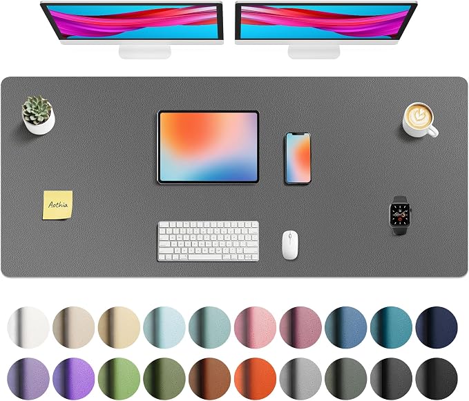 Aothia Faux Leather Desk Mat - Non-Slip PU Leather Desk Blotter, Waterproof Writing Surface, Large Desk Pad for Office & Home (Grey, 55" x 24") by AothiaSimpleNaturalUnique