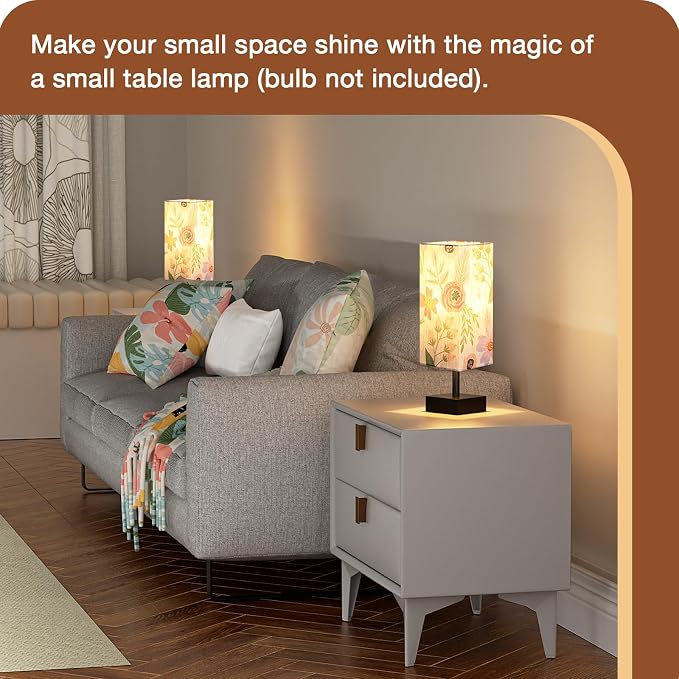 aooshine Small Bedside Table Lamp for Bedroom - Square Floral Fabric Shade | Inline Rocker Switch, Corded Electric, Bulb Not Included, 12.8" Mini Table Lamp for Nightstand, Desk, Dorm, Office - Image 4