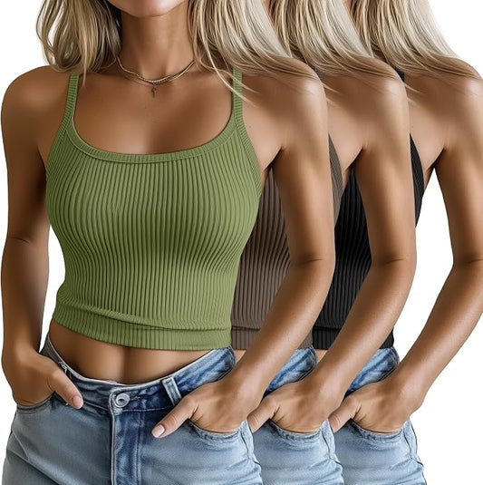 Ficerd 3 Pack Women's Tank Tops 95% Cotton Spaghetti Strap Ribbed Crop Camisole Slim Fitted Basic Summer Sleeveless Layer by Ficerd