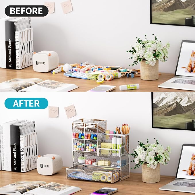 Marbrasse Mesh Pen Holder for Desk, Pen Organizer with Drawer, Multi-Functional Pencil Organizer, Desk Organizers and Accessories for Office Art Supplies (Silver) - Image 3