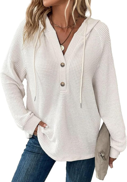 Dokotoo Hoodies for Women Waffle Knit Long Sleeve Drawstring Button V Neck Casual Sweatshirt Hooded Tops Fashion Clothing by Dokotoo