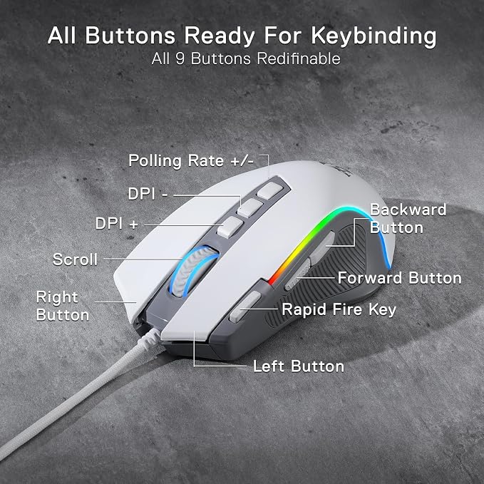 Redragon M612 Wired RGB Optical Gaming Mouse 8000 DPI Remapping Keys | Stable Lag-Free Connection, Redefine Keybinding Macro, Rapid-Fire Side Clicker, Vibing Backlight - Image 4