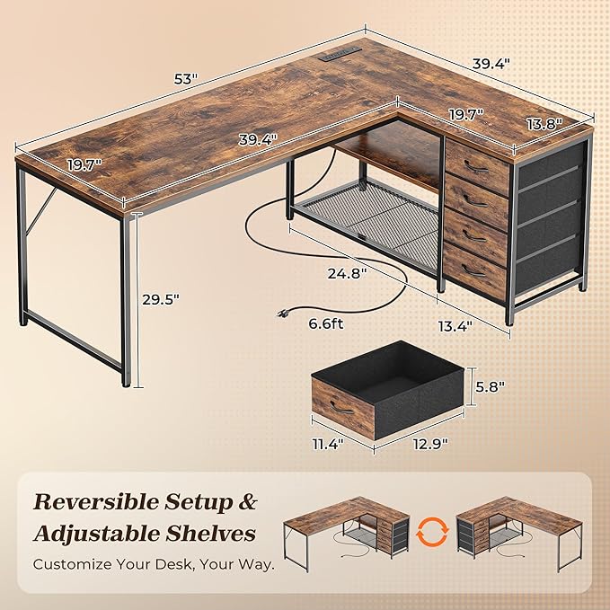 PRAISUN 53" L Shaped Desk with Power Outlets & USB-C Port, Reversible Computer Corner Office Desk with 4 Fabric Drawers and 2 Storage Shelves, Large Desk for Gaming Writing Work Study, Rustic Brown - Image 2