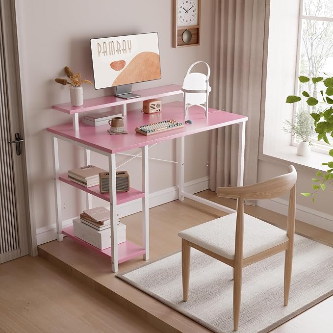 Pamray 33.5 Inch Small Computer Desk with Monitor Stand and Shelves | Sturdy, Space-Saving, Easy Assembly, Suitable for Bedroom, Office, Apartment and Dorm, Used for Writing and Studying - Image 2