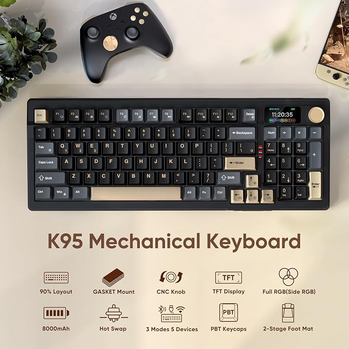 RedThunder K95 Wireless Mechanical Keyboard, TFT Screen & Knob, Tri-Mode BT5.0/2.4GHz/USB-C Hot Swappable Custom, Pre-lubed Linear Pink Switches, Gasket Structure, RGB Gaming Keyboard, Black-Gold - Image 2
