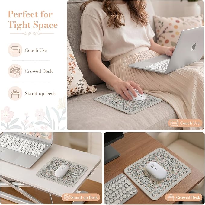 iCasso Aesthetic Small Mouse Pad, 9.5x7.9in,Home Office,Gray Floral | Mini Portable Travel Mousepad, Anti-Slip and Comfortable Cloth Mouse Mat with Stitched Edges for Computer, Home - Image 7