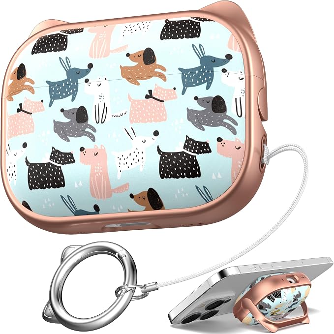 for AirPods Pro 2 Case with Cleaning Kit, Cute Cat Ear Print Design & Cute Buckle for Girls, Phone Holder & Top Safe Lock Buckle Design for AirPods Pro 2nd/1st Gen case, Rose Gold Animal by MHYALUDO