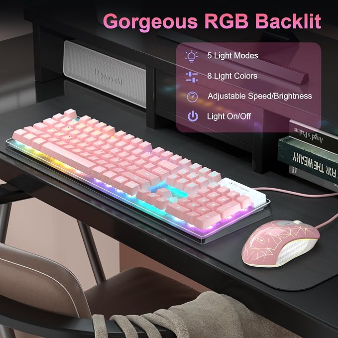 Gaming Keyboard and Mouse Combo, K1 RGB LED Backlit Keyboard with 104 Keys Computer PC Gaming Keyboard for PC/Laptop (Pink) - Image 3