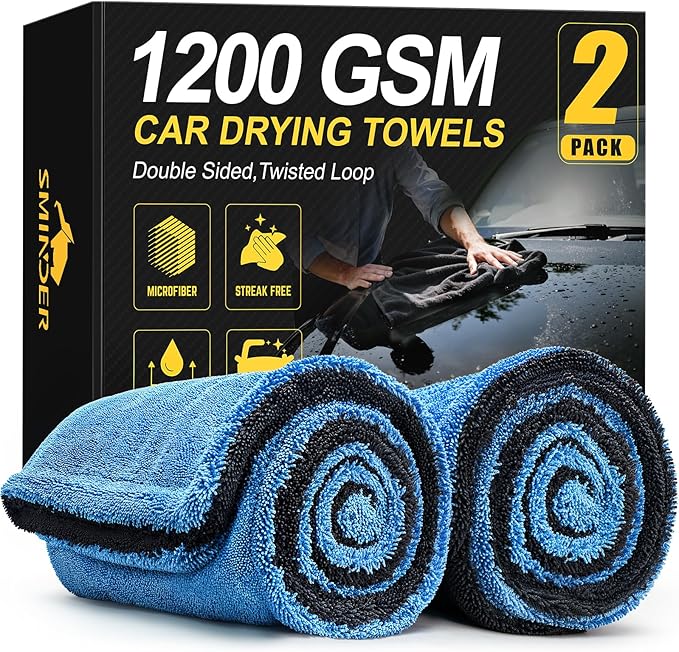 SMINDER 2-Pack 1200 GSM Car Drying Towels – Microfiber Towels for Cars (36" x 24"), Ultra-Absorbent, Streak-Free, Scratch-Free, No Water Spots, Double-Twist Pile & Edgeless Design(Blue) by SMINDER