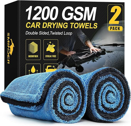 SMINDER 2-Pack 1200 GSM Car Drying Towels – Microfiber Towels for Cars (36" x 24"), Ultra-Absorbent, Streak-Free, Scratch-Free, No Water Spots, Double-Twist Pile & Edgeless Design(Blue) by SMINDER