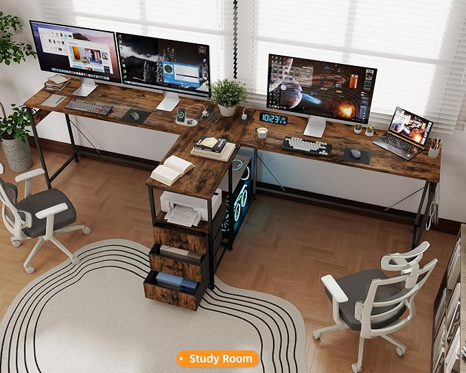 YOSHOOT 2 Person Computer Desk, 87" Long Gaming Desk for 2 People | Double Desk with 3 Fabric Drawers and 2 Power Outlets, Home Office Table for Adults and Teenagers, Rustic Brown - Image 2