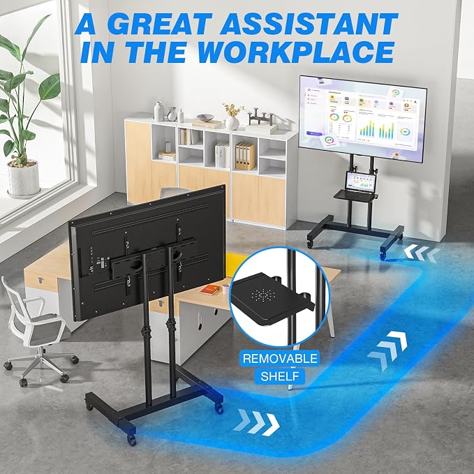 Rfiver Mobile TV Cart Rolling TV Stand for 32-83 Inch Screens up to 110lbs, Portable TV Stand on Wheels with Height Adjustable Shelf, Outdoor TV Stands Mount for Home Office MAX VESA 600x400mm, Black - Image 3