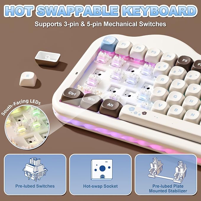 YUNZII C75 Cute 75% Wireless Mechanical Keyboard (Choco, Milk V2 Switch) | Creamy Cake Keyboard, BT5.0/2.4G/USB-C, Hot-Swap, NKRO, PBT MOA Keycaps,5500mAh RGB Gasket Mount for Mac/Win/Gaming/Office - Image 5
