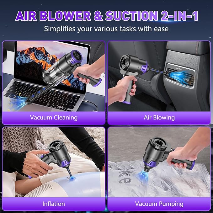 KMM Handheld Car Vacuum Cleaner, 16000PA Air Duster & Vacuum Cleaner, 120W High Power Hand Held Vacuum Cordless, Portable Vacuum Rechargeable with Multi-Nozzles & LED Light for Car, Home, Pet, Office - Image 3