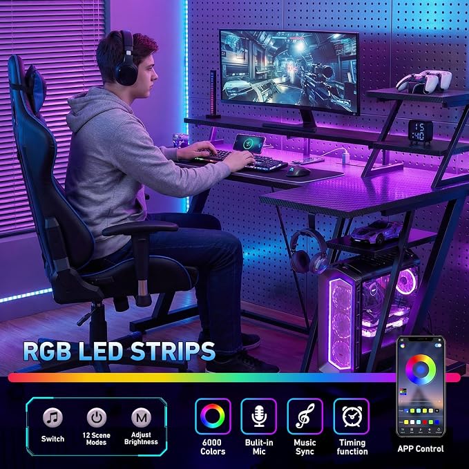 Korfile 55 Inch Gaming Desk with Power Outlet, LED, Monitor Stand, Black | Gaming Computer Desk, L Shaped Gamer Workstations, Storage Shelves, for Bedroom & Gaming room - Image 5
