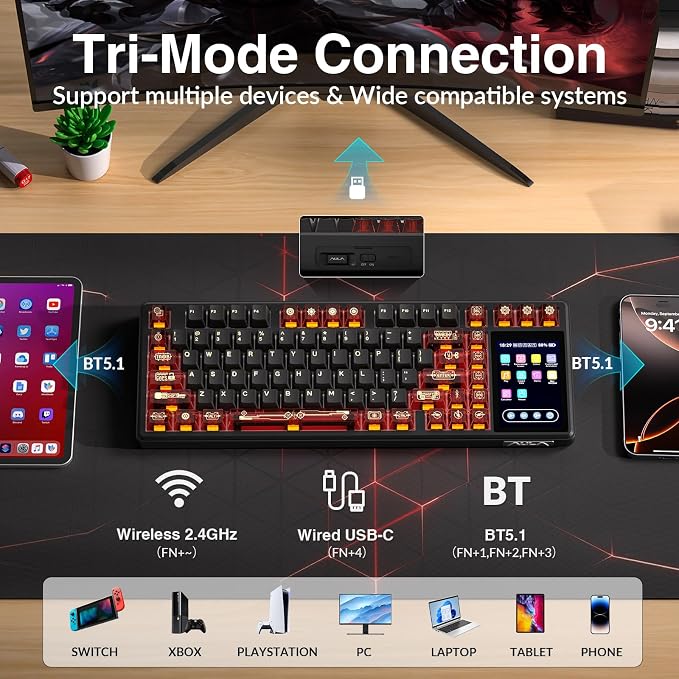 Aula L99 Wireless Mechanical Gaming Creamy Keyboard with Smart Touch Screen | Tri-Mode Hot Swappable Custom Keyboard,RGB Backlit,PBT Keycap,Gasket Mount Creamy Sounding Keyboards for Office PC,84 Keys - Image 6