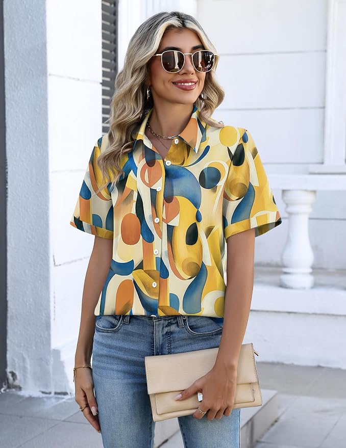 Zeagoo Button Down Shirts for Women Short Sleeve Collared Tops Dressy Casual V Neck Blouses - Image 2