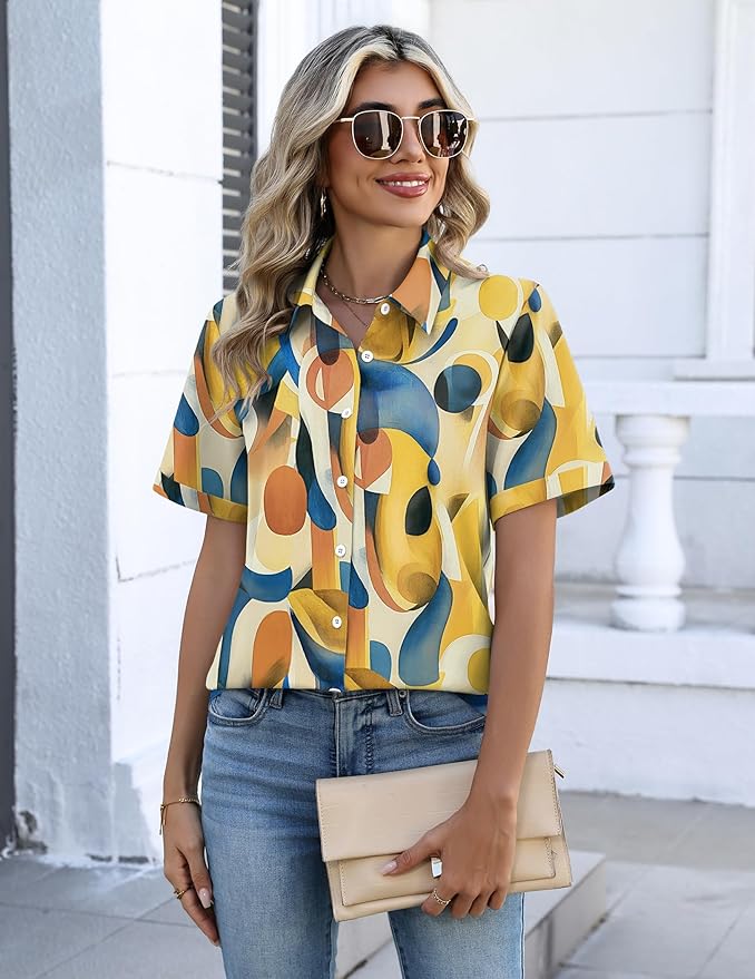 Zeagoo Button Down Shirts for Women Short Sleeve Collared Tops Dressy Casual V Neck Blouses - Image 2