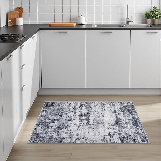 Washable Area Rug 2x3 Entryway Rug: Washable Modern Abstract Soft Thin Rug Indoor Floor No Slip Stain Resistant Carpet for Bedroom Dining Room Farmhouse Nursery Home Office - Grey - Image 3