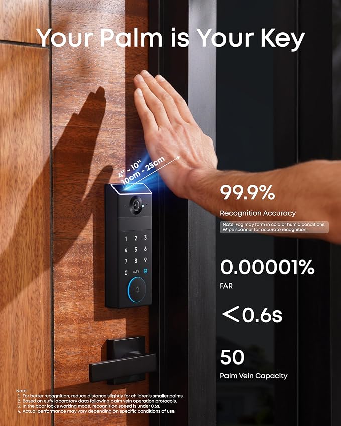 eufy Security Smart Lock FamiLock S3 with Palm Vein Recognition, Keyless Entry Door Lock for Front Door, Wi-Fi Keypad Deadbolt+ 2K HDR Doorbell Camera, 16 GB Built‑in Storage, BHMA 1, No Monthly Fee - Image 2