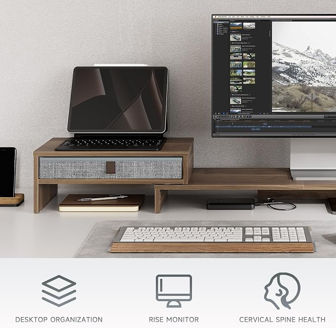 Fenge Computer Monitor Riser Stand with Drawer for 2 or 3 Monitors ,Adjustable Length and Angle Desktop Laptop Stand,Office Organizer,Printer - Image 2