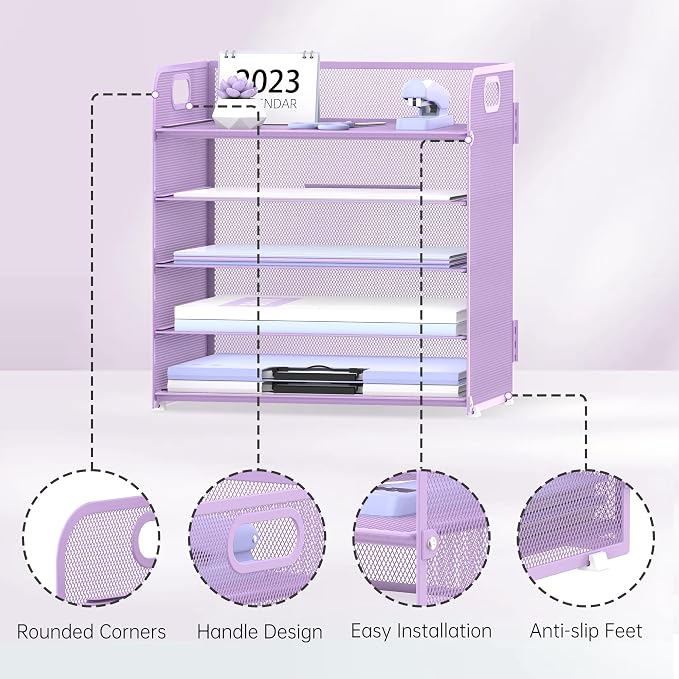 Supeasy 5 Trays Paper Organizer Letter Tray with Handle-Mesh Desk File Holders, Paper Sorter Desk Organizer for Office, Home, Classeoom or School, Purple - Image 3