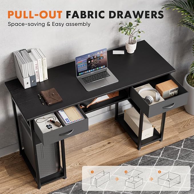 47 Inch Computer Desk with 2 Drawers, Home Office Desk with Wooden Shelves, Study Writing PC Table for Small Spaces, Bedroom, Dorm or Living Room, Black - Image 4