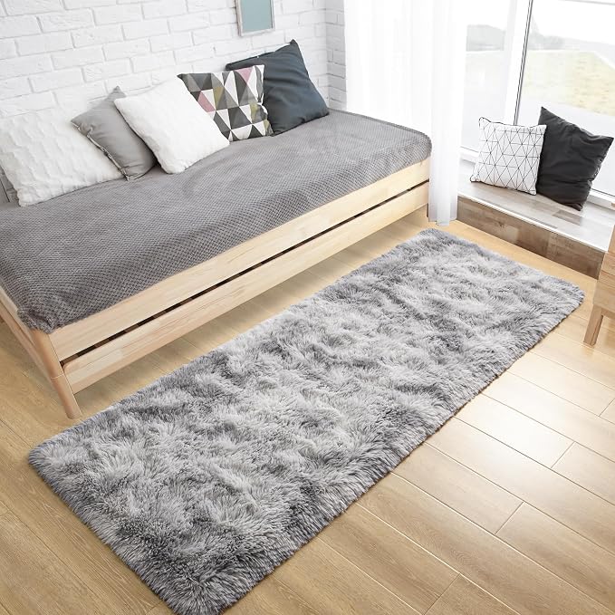 Tepook Fluffy Runner Rugs for Bedroom Aesthetic 2x6 Feet, Shag Soft Bedside Rug with Non-Slip Bottom, Fuzzy Plush Carpet for Room, Hallway Rug for Nursery Dorm Indoor Home Decor, Tie-dye Light Grey - Image 3