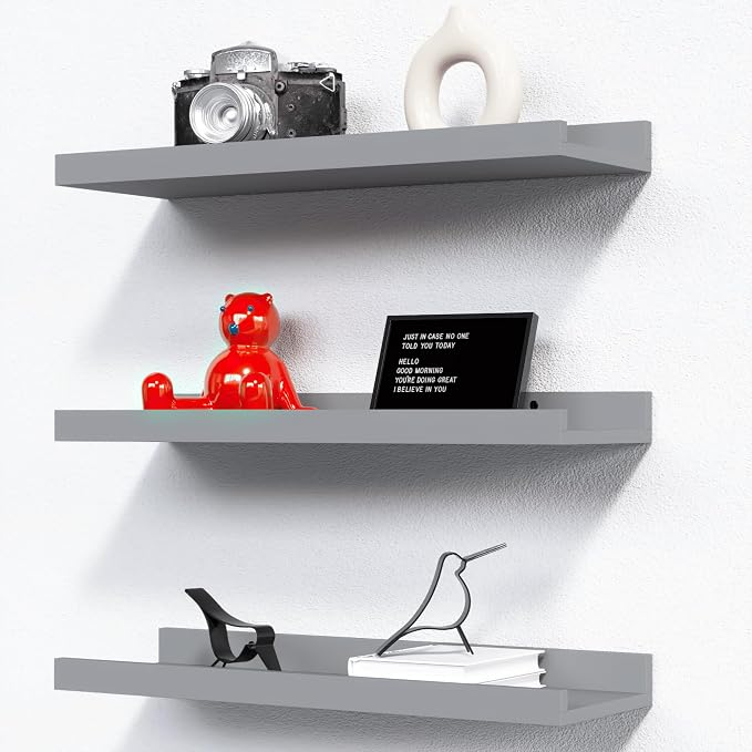 RICHER HOUSE 3-Set Floating Shelves with Lip, Grey Small Wall Shelf, 16In | Display Picture Ledge Shelf, Anti-drop lip Shelf for Room Wall Decor, Bedroom Bathroom Storage Nursery Books, Easy Setup,Wood by RicherHouse
