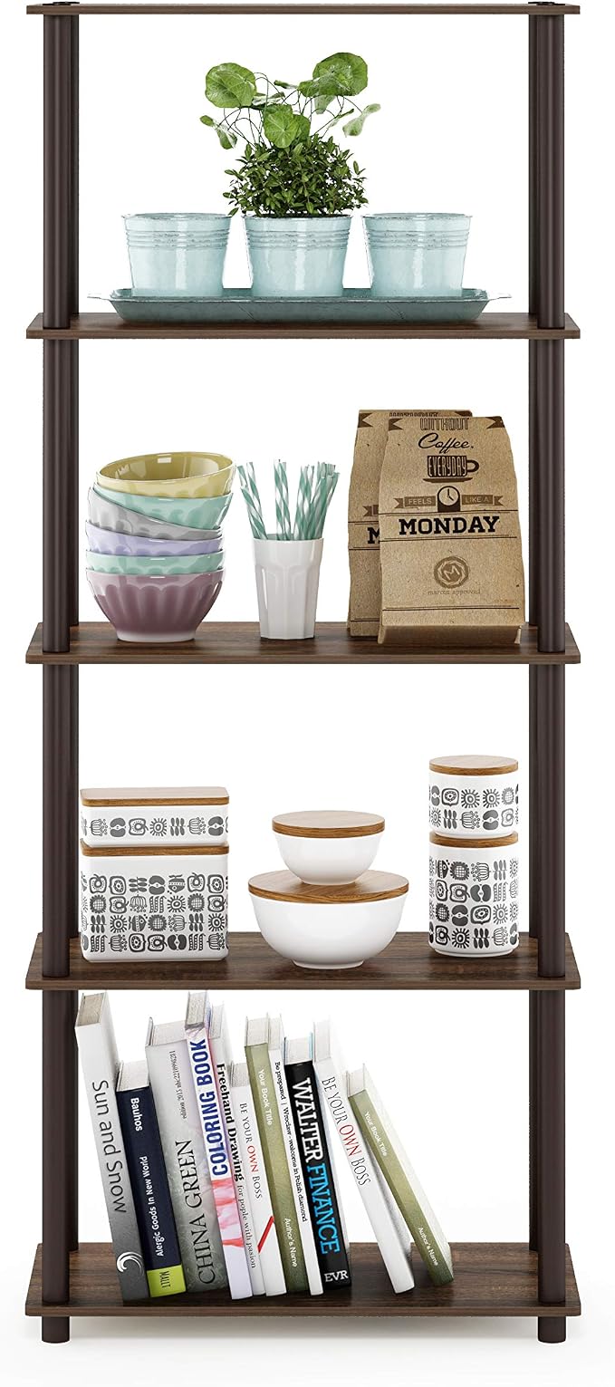 Furinno TURN-N-TUBE Storage Shelves, 5-Tier Book Shelf, Corner Shelf, Toolless Open Shelves, for Organization and Storage, Living Room, Garage, Home Office, Walnut - Image 5