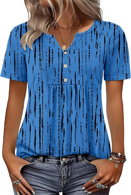 Zeagoo Womens Short Sleeve Tops Summer Henley V-Neck Tshirts Casual Pleated Blouse Dressy Loose Floral Basic Tee by Zeagoo