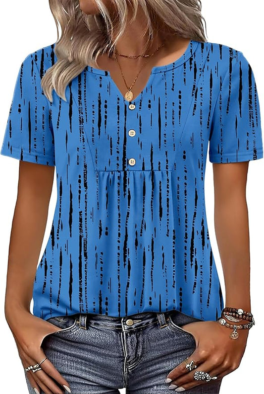 Zeagoo Womens Short Sleeve Tops Summer Henley V-Neck Tshirts Casual Pleated Blouse Dressy Loose Floral Basic Tee by Zeagoo