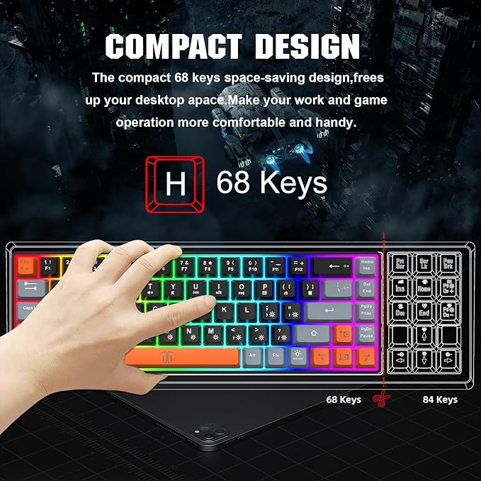 Snpurdiri 60% Percent Gaming Keyboard (68 Keys, Black-Grey-Orange) | Compact RGB Backlit Small Gaming Keyboard for Windows, PC, Laptop - Image 2