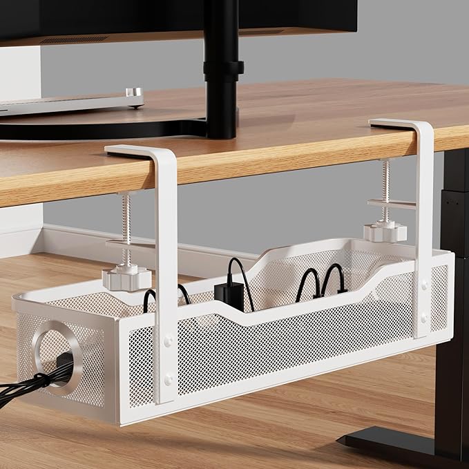 Under Desk Cable Management Large, Cinati 16" Cable Management Box for Table Thickness up to 3", Wire Cord Organizer with Clamp No Drill, No Damage to Desk (White) by Cinati