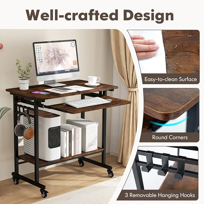 Tangkula Rolling Computer Desk Cart with Keyboard Tray, Mobile Portable Laptop PC Desk with CPU Stand & 3 Hooks for Sofa & Bed, Industrial Small Desk on Wheels for Small Spaces, Home Office Desk - Image 8