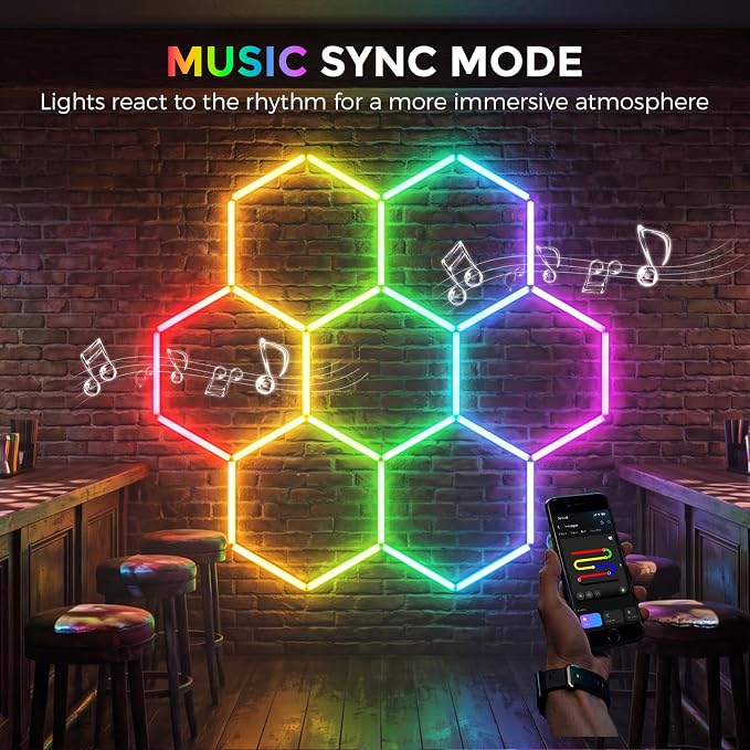 RGB Hexagon Garage Lights 7 Hex, Duplex Signal RGB Hexagon Led Lights with Music Sync Mode, Easy Setup RGB Ceiling Lights for Garage, Gym, Studio, Gaming Room, Party, Bar - Image 5