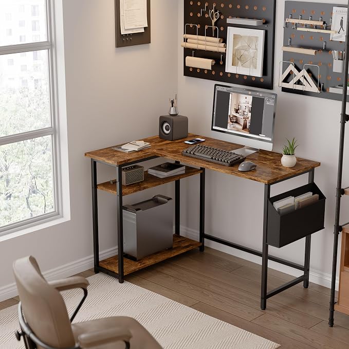 Pamray 40 Inch L Shaped Computer Desk with Reversible Side Storage Shelves, Small Corner Desk for Small Space Home Office, Writing Study Table PC Desk for Bedroom, Vintage - Image 2