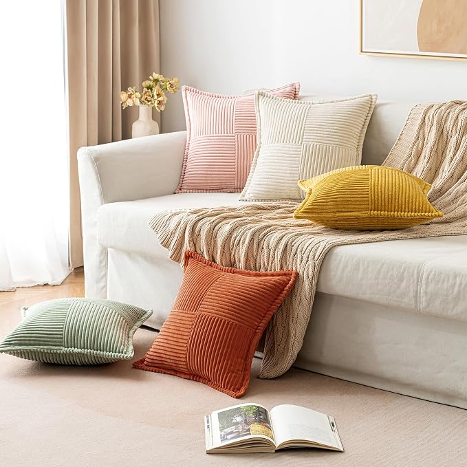 MIULEE Fall Rust Decorative Throw Pillow Covers for Couch Bed Livingroom 18x18 Inch Set of 2 Boho Accent Throw Pllows Broadside Striped Patchwork Soft Corduroy Pillowcases, Terracotta - Image 4